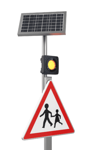 Iconographie de la balise de signalisation lumineuse EVOFLASH, avec un panneau de signalisation "danger piétons". 