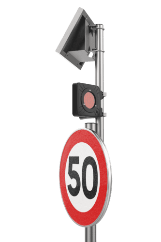 Iconographie de la balise de signalisation lumineuse EVOFLASH, avec un panneau de limitation de vitesse 50 km/h. 