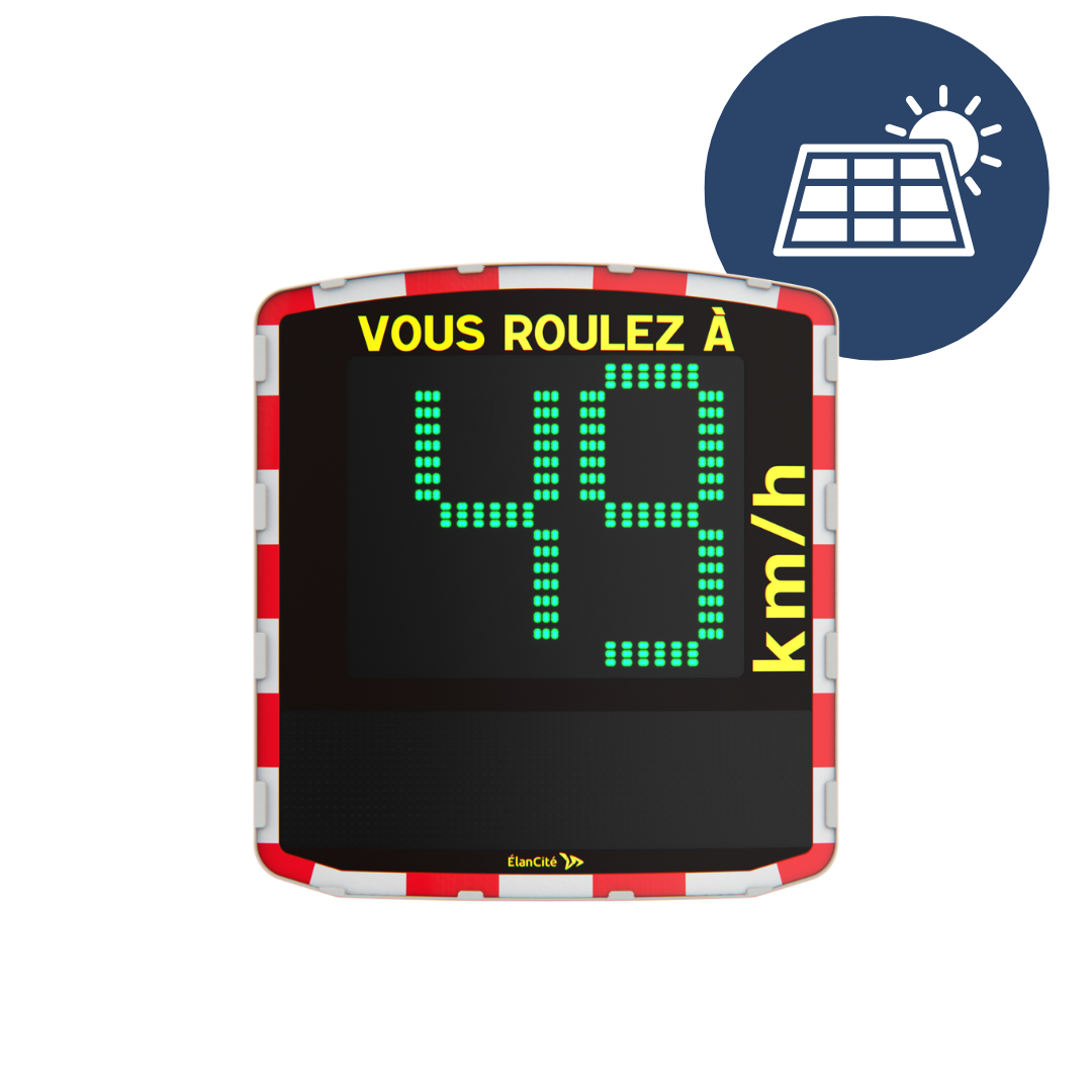Packshot d'un radar pédagogique solaire EVOLIS Vision qui affiche une allure de vitesse autorisée de 49km/h. Deux pictogrammes : alimentation solaire et fabriqué en France