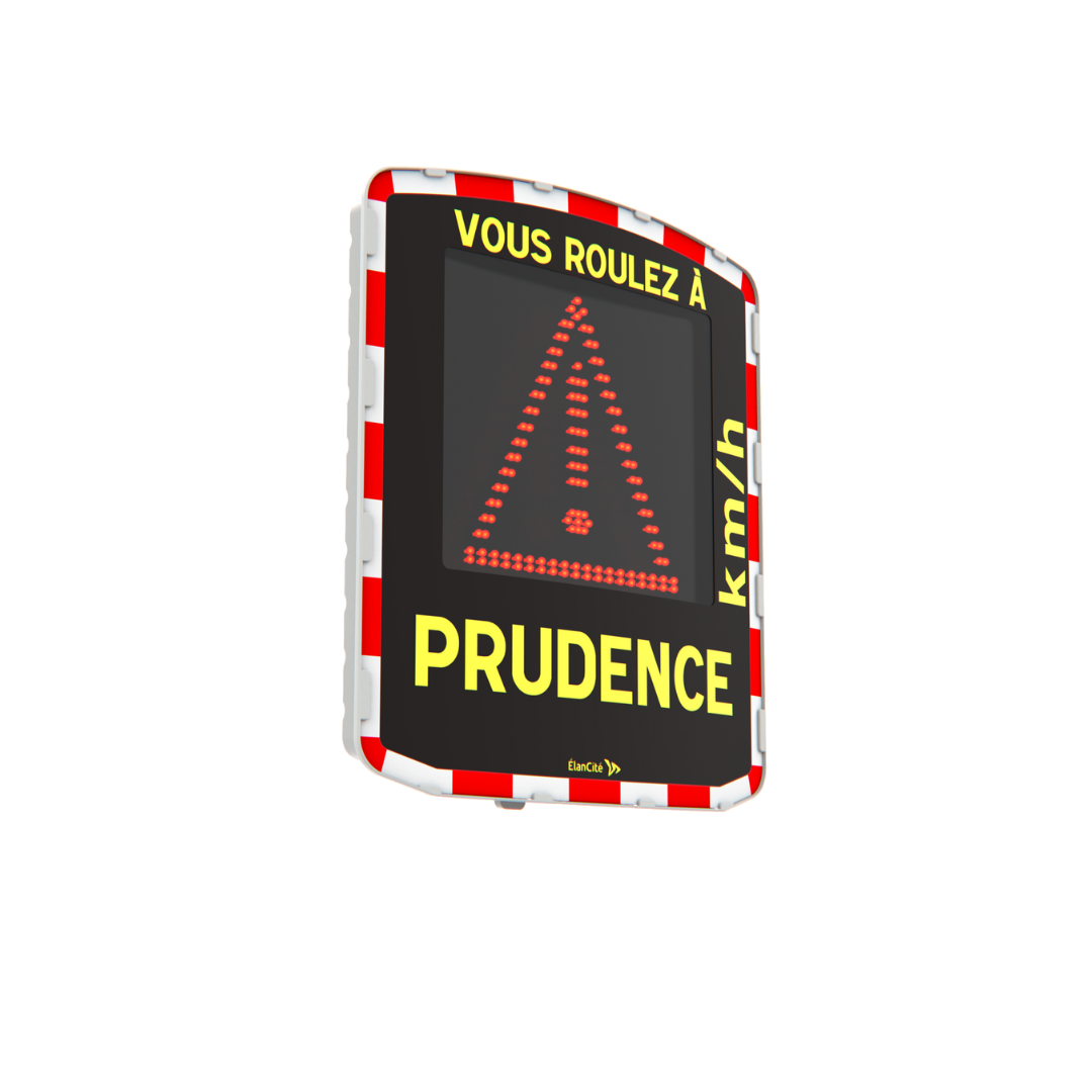 Packshot d'un radar pédagogique mobile EVOLIS Mobility coté gauche qui affiche un triangle danger