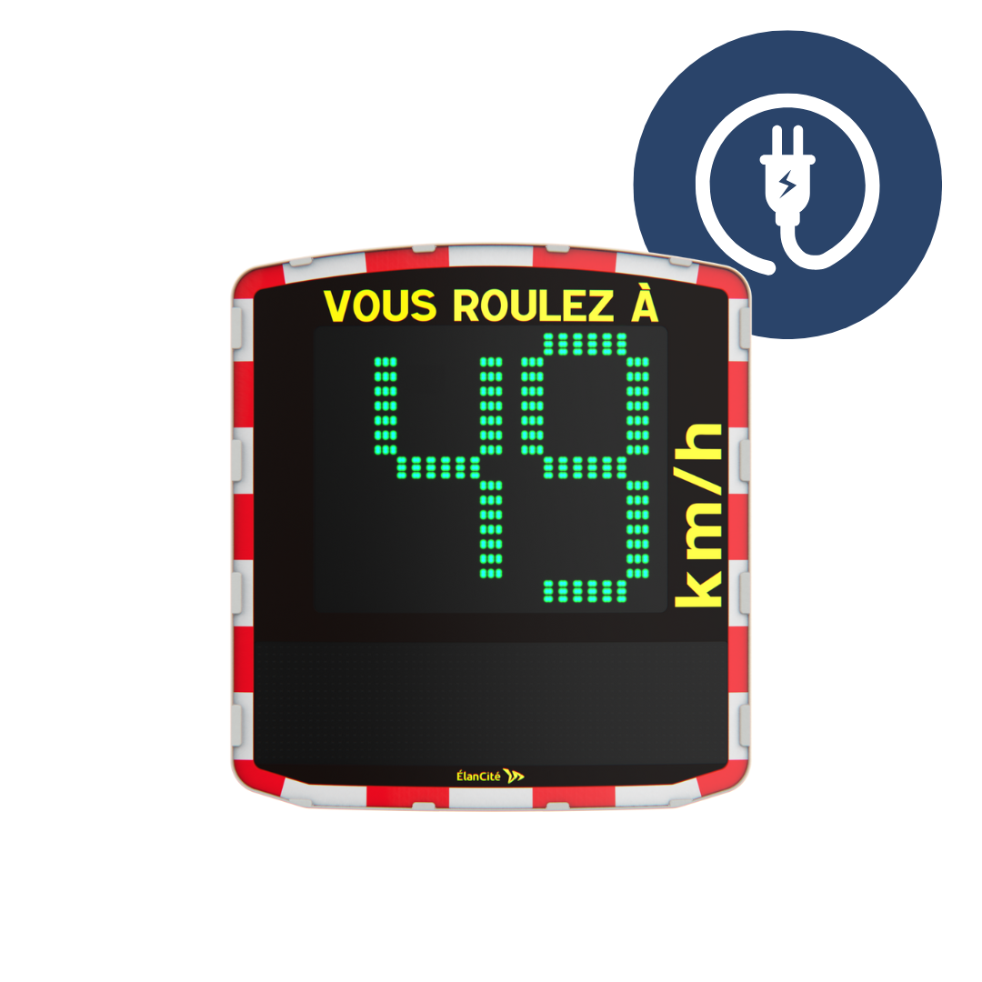Packshot d'un radar pédagogique électrique EVOLIS Vision qui affiche une allure de vitesse autorisée de 49km/h. Deux pictogrammes : alimentation électrique et fabriqué en France