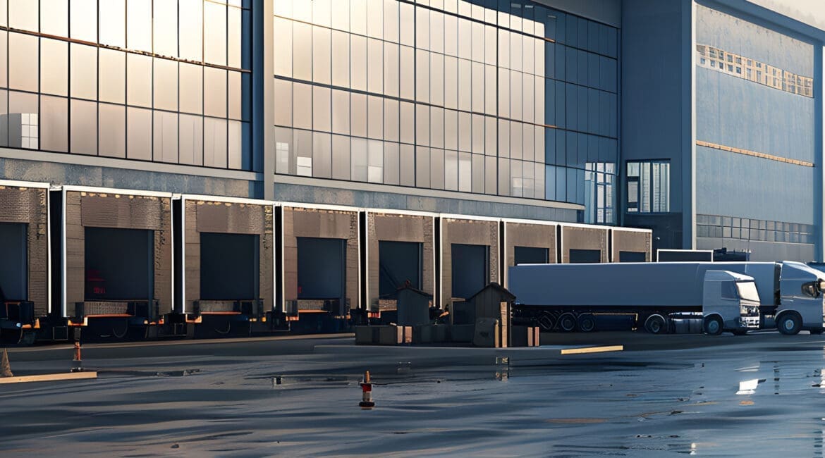 Centro logistico con camion parcheggiati ai moli di carico.