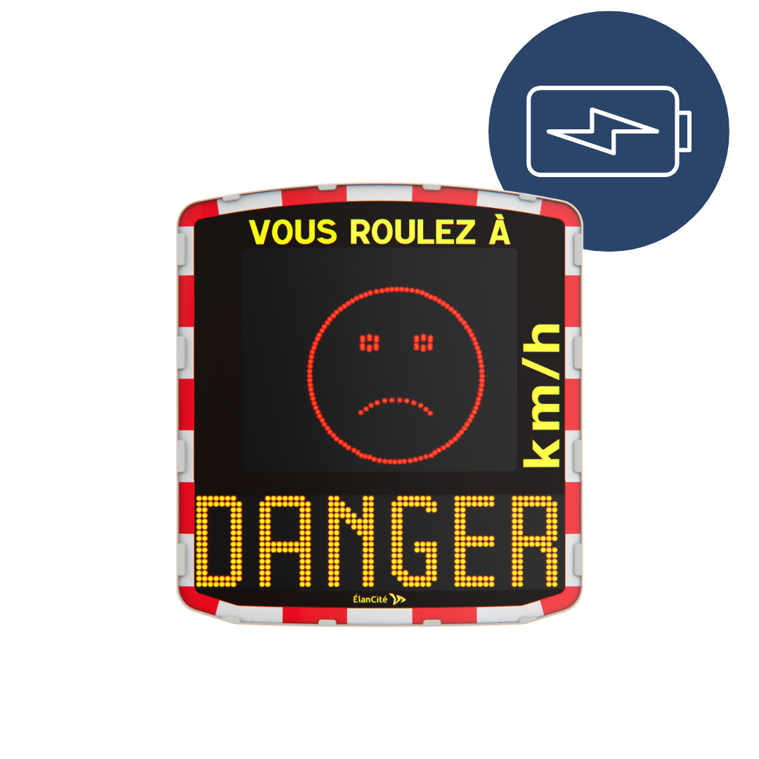 Packshot d'un radar pédagogique sur batterie EVOLIS Vision qui affiche un Smiley rouge et un message de prévention "Danger"
