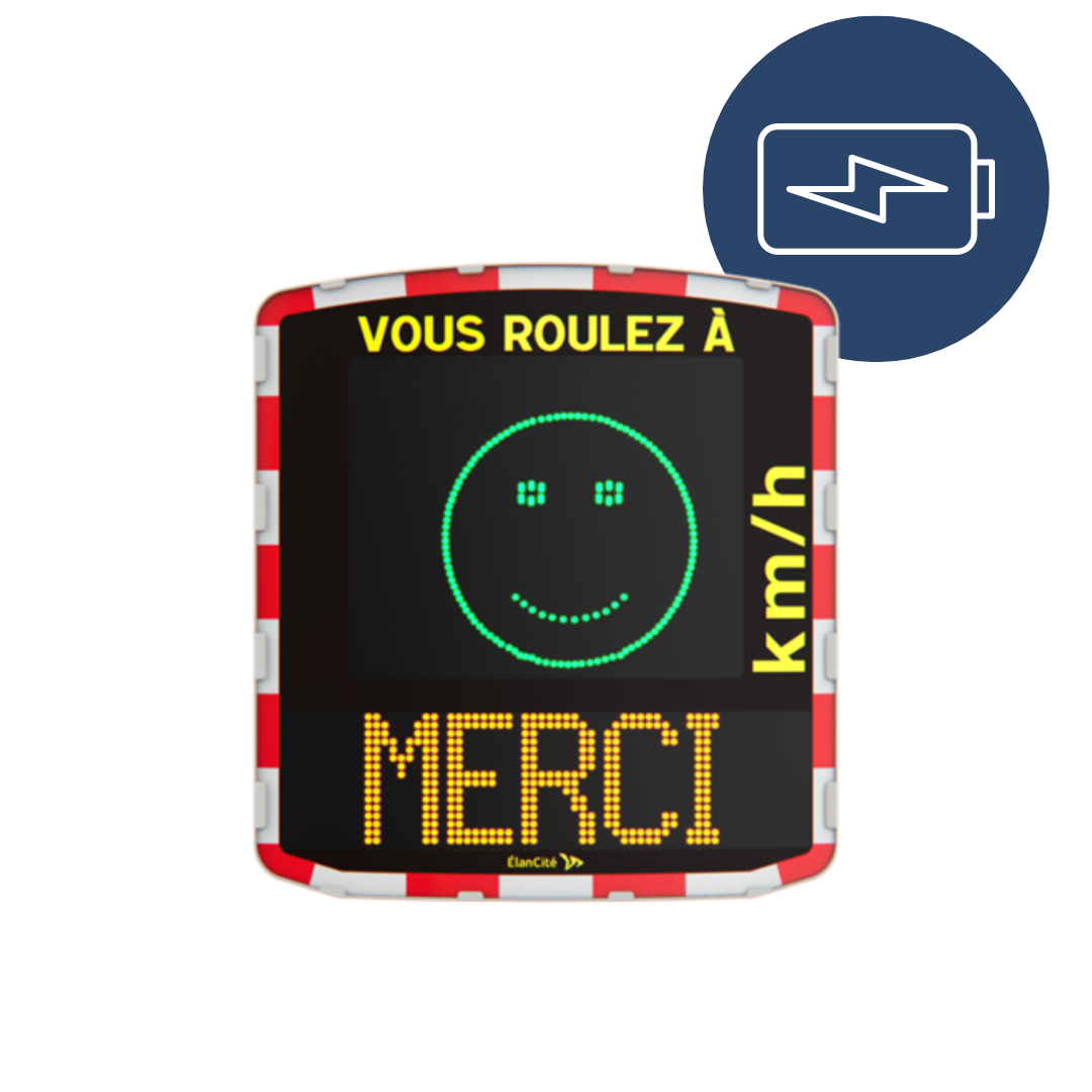 Packshot d'un radar pédagogique sur batterie EVOLIS Vision qui affiche un smiley vert et un message de prévention "Merci"