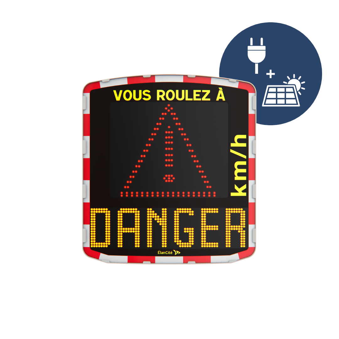 Packshot d'un radar pédagogique double alimentation qui affiche un triangle et un message de prévention "DANGER"