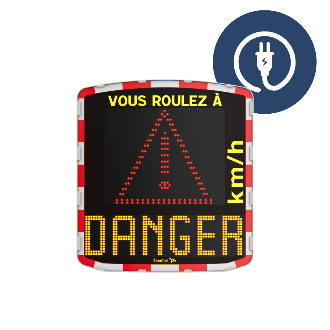 Packshot d'un radar pédagogique sur batteries qui affiche un triangle et un message de prévention "DANGER"