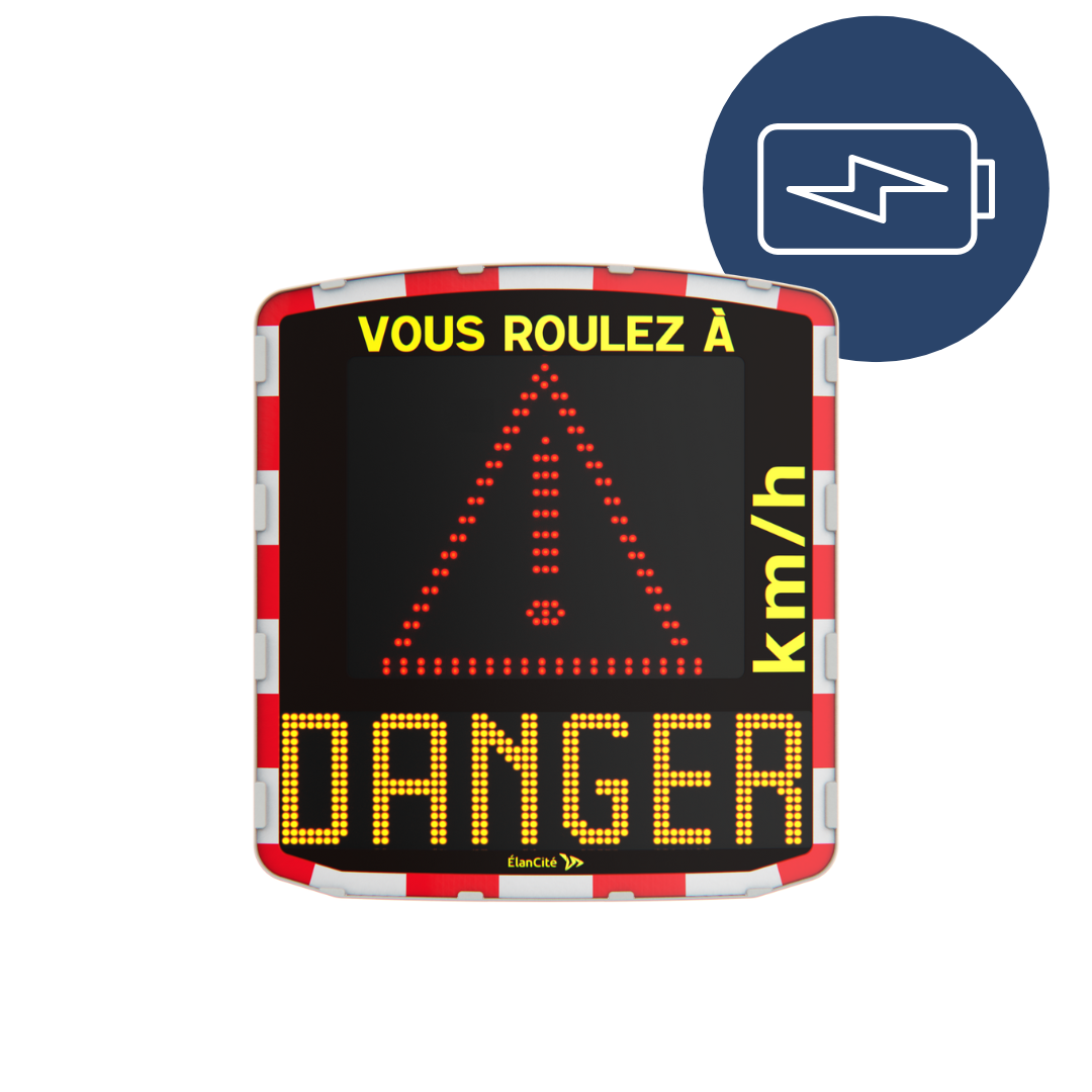 Packshot d'un radar pédagogique sur batteries qui affiche un triangle et un message de prévention "DANGER"