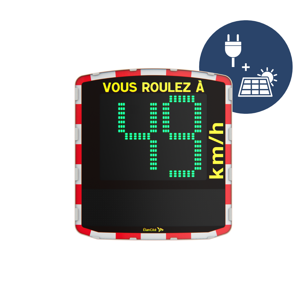 Packshot d'un radar pédagogique double alimentation qui affiche une allure de vitesse excessive de 49km/h