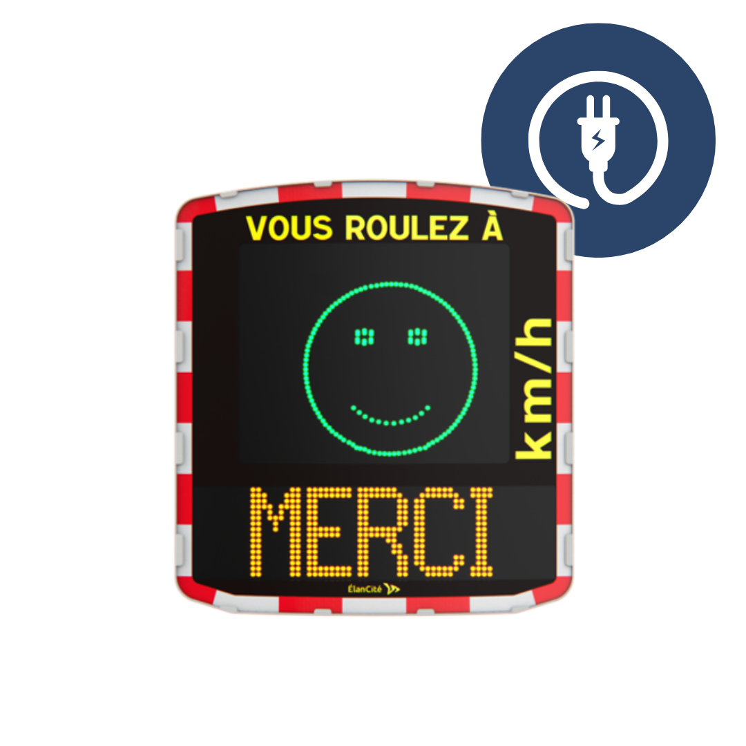 Packshot d'un radar pédagogique électrique qui affiche un smiley vert et un message de prévention "MERCI"