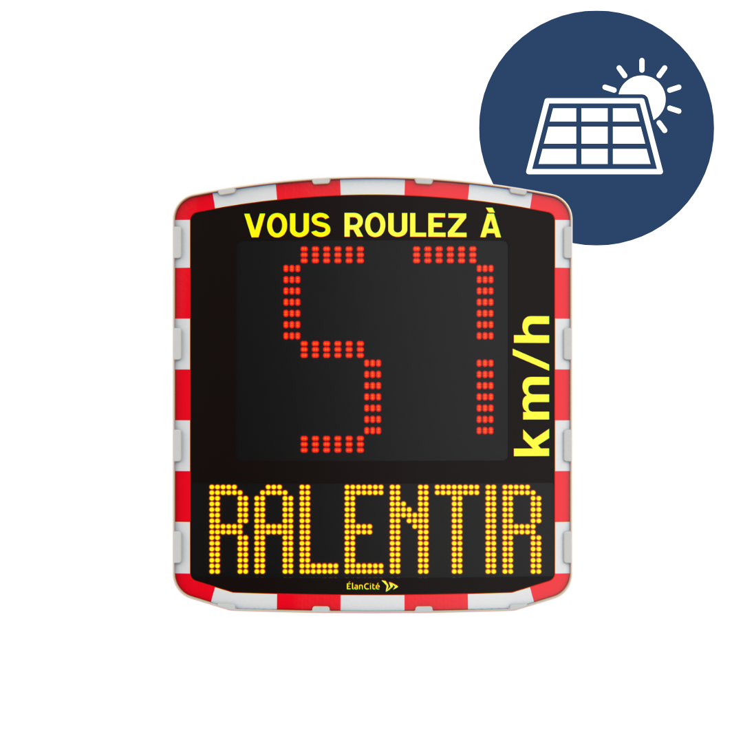 Packshot d'un radar pédagogique solaire EVOLIS Vision qui affiche une allure de vitesse excessive de 57km et un message de prévention "RALENTIR"