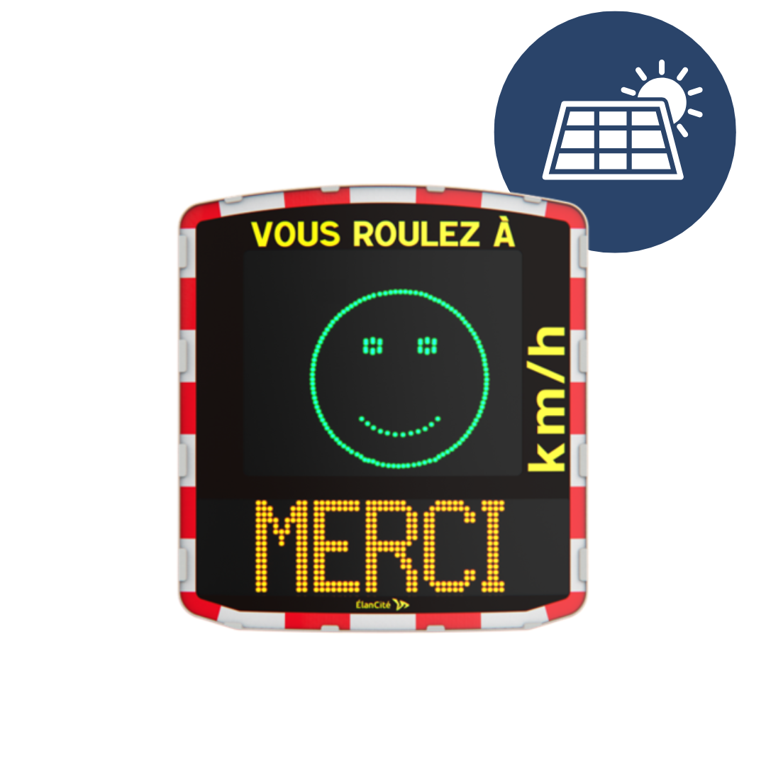 Packshot d'un radar pédagogique solaire EVOLIS Vision qui affiche un smiley vert et un message de prévention "MERCI"